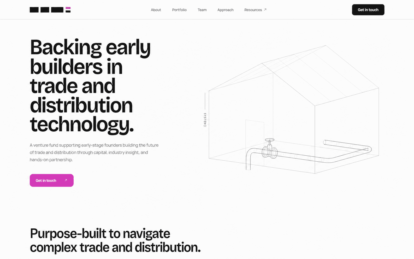 Anonymous venture fund website with an editorial layout and industrial line illustration